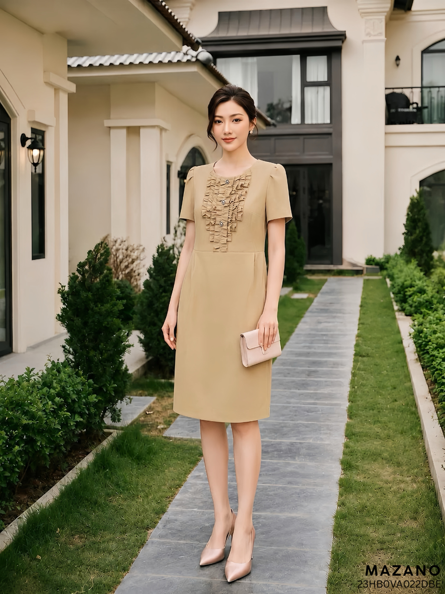 Váy Đầm Suông Vải thô mỏng Cổ tròn trang trí bèo cổ Tay ngắn Dài qua gối 23HB0VA022DBE