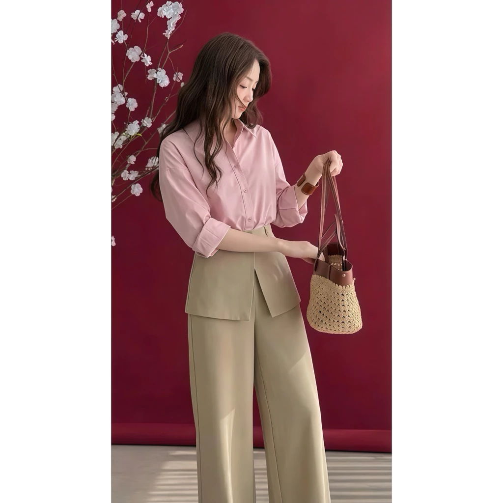 Set áo sơ mi bamboo hồng phối quần suông ống rộng , Set đồ công sở nữ thanh lịch, form đứng dáng kiểu Hàn Loga_L101_thumbnail_4
