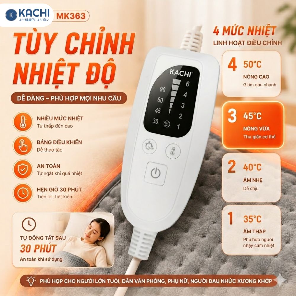 Thảm Chườm Nóng Kachi MK363 giảm đau nhức, đệm sưởi ấm, chăn điện_thumbnail_5