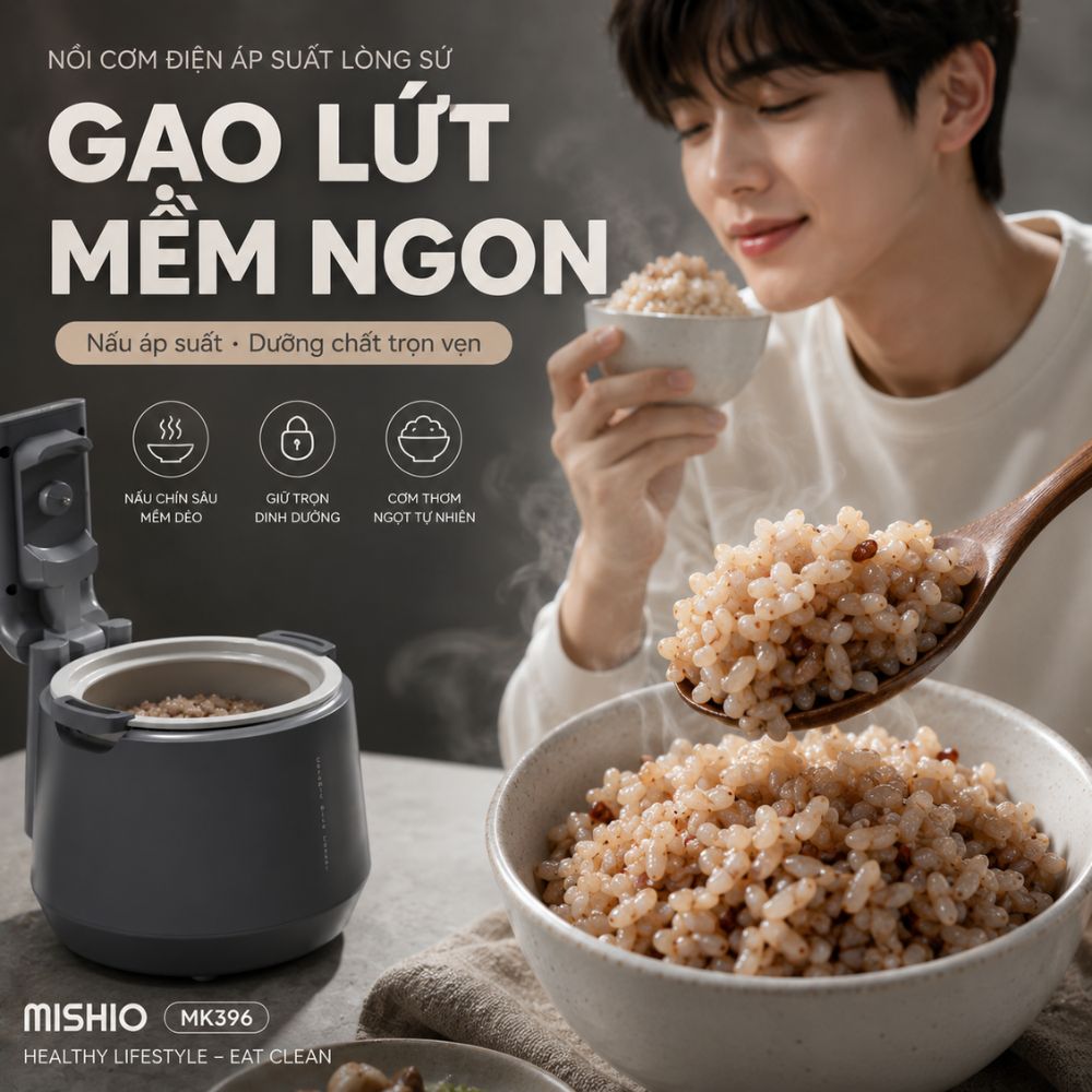 Nồi Cơm Điện Áp Suất Lòng Sứ Dưỡng Sinh Mishio MK396 dung tích 0.8L cho 1-2 người – Bí Quyết Cho Cơm Gạo Lứt_thumbnail_3