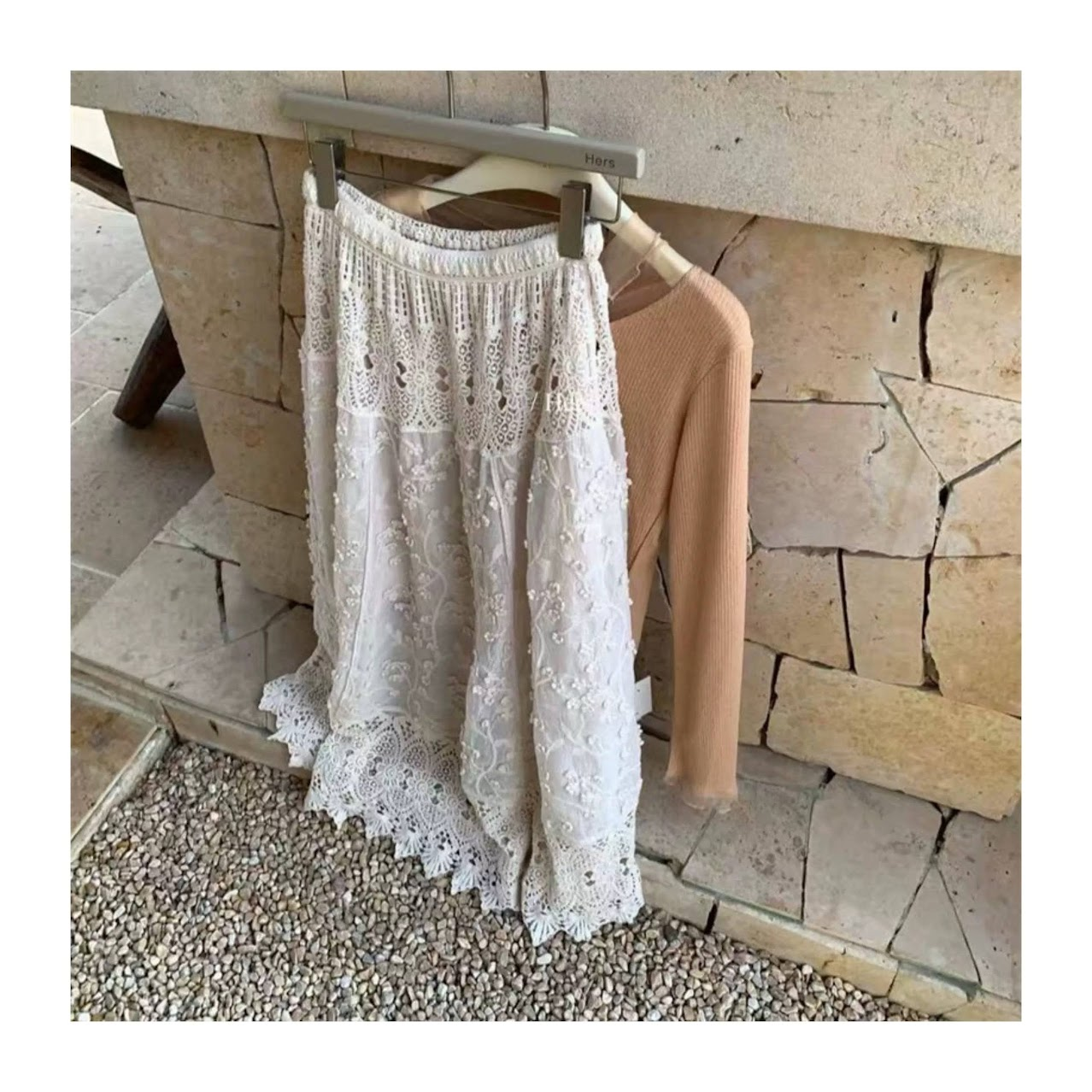 Lucas - Chân váy thô thêu nổi phối ren lỗ viền cạp dáng dài Hers_thumbnail_3