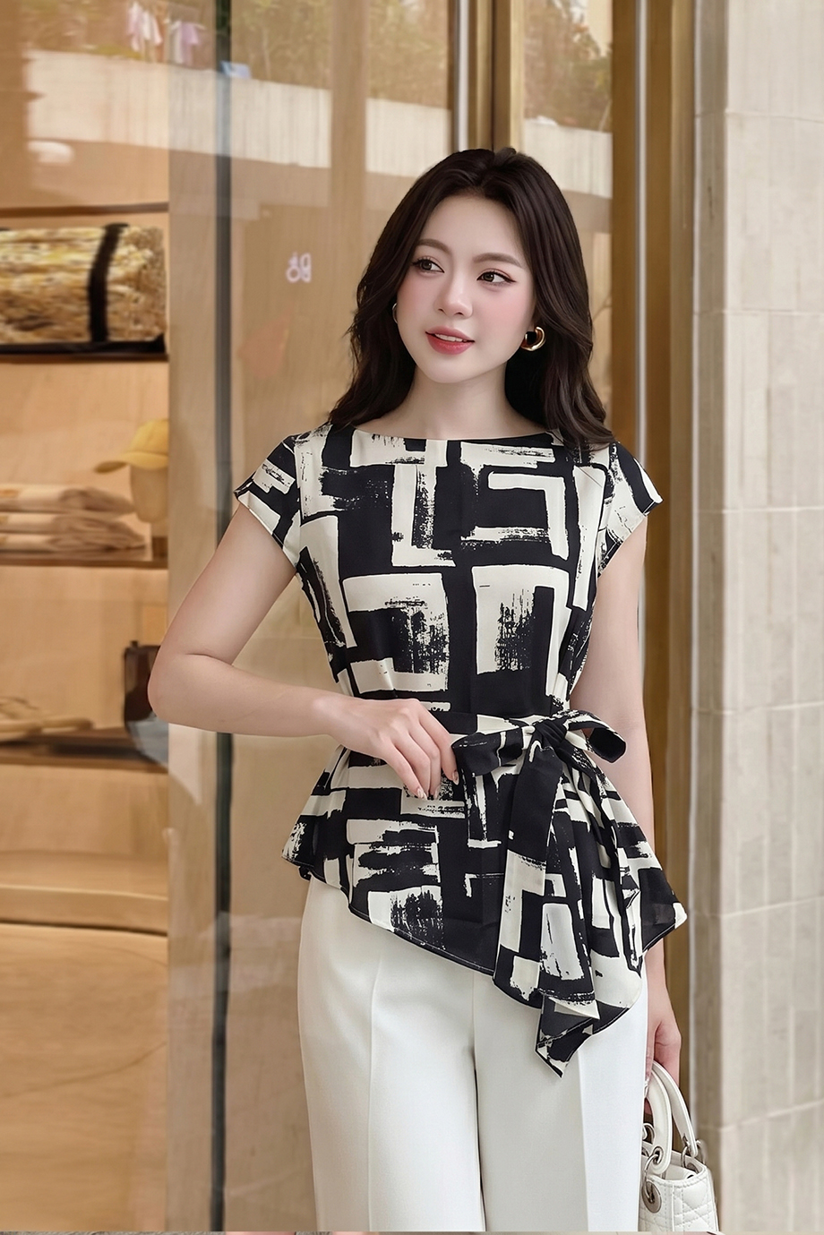 Áo sơ mi lụa 26115 đen trắng