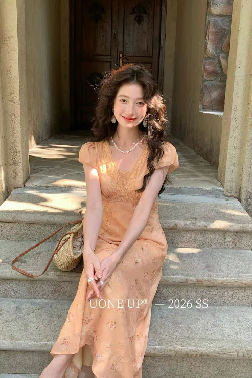 Lucas - Váy hoa tay hến bom phối viền ren chân xòe dáng maxi