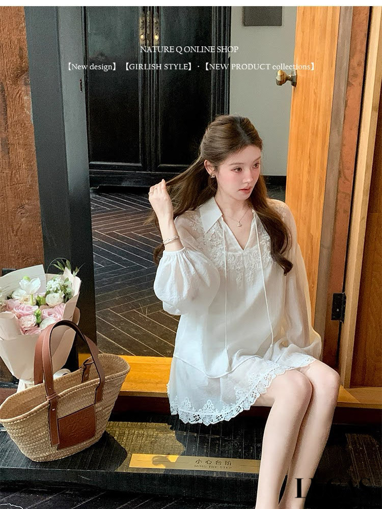 Set áo sơ mi voan cổ tim bẻ buộc nơ phối ren quanh cổ + quần sóc gấu viền ren_thumbnail_7