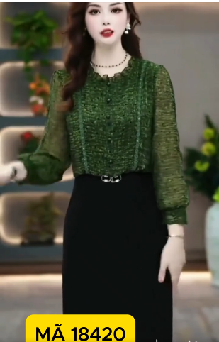 18420-Đầm suông liền phối  voan xanh dài tay (voan,lụa )