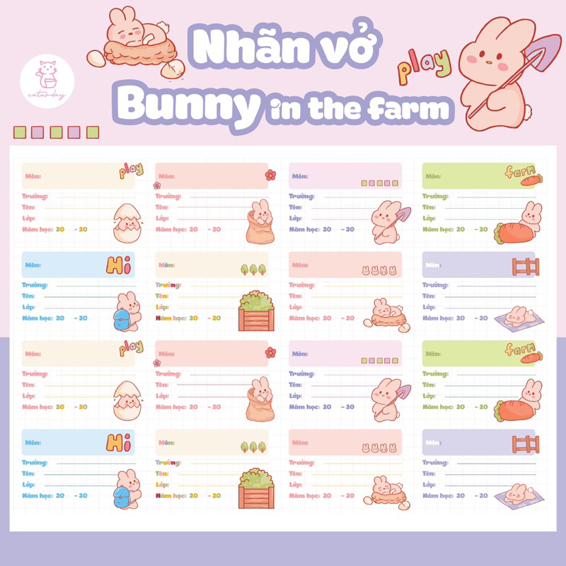(In tên theo yêu cầu) Set 24 nhãn vở THỎ - BUNNY IN THE FARM cực kỳ dễ thương