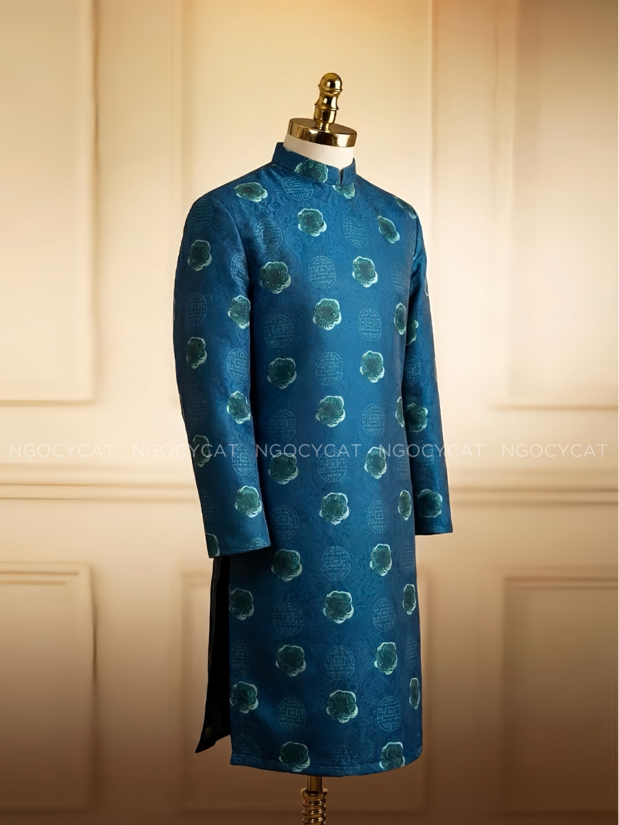 Áo Dài Nam Màu Xanh Dương Song hỷ 