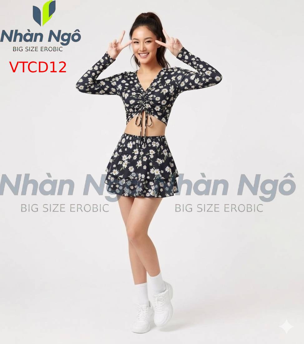 Bộ Đồ Tập Aerobic Nữ Big Size Nhàn Ngô VTCH - Áo Croptop Dài Tay Rút Dây Ngực Kèm Chân Váy Tầng Có Quần Bảo Hộ