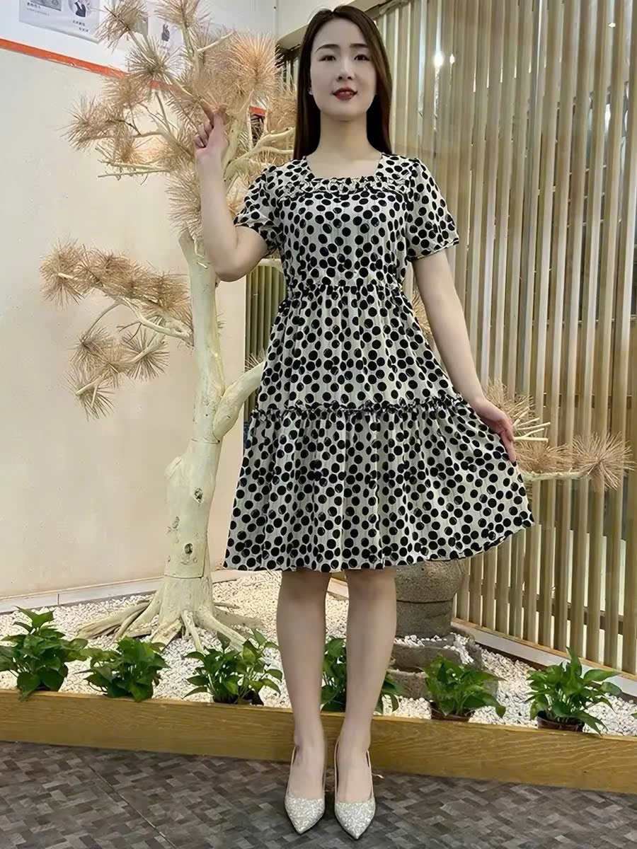 18558-Đầm xòe voan lụa họa tiết chấm bi (voan,lót)