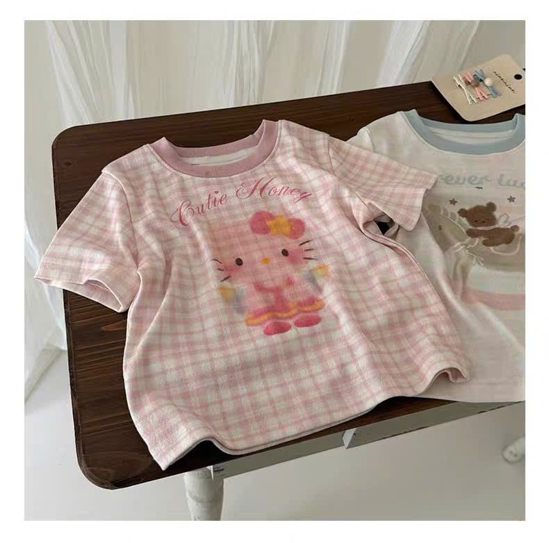 DX16 - Áo thun hồng caro họa tiết Kitty hãng DXJ (sz 90-130)