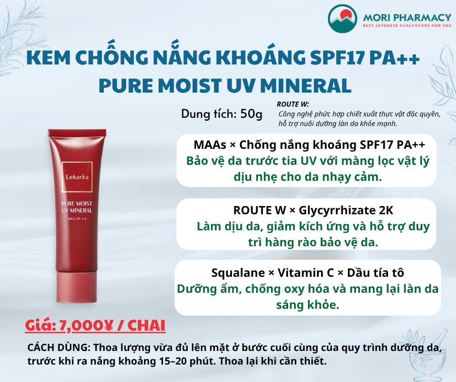 Kem chống nắng khoáng SPF17 PA++ - Lekarka PURE MOIST UV MINERAL