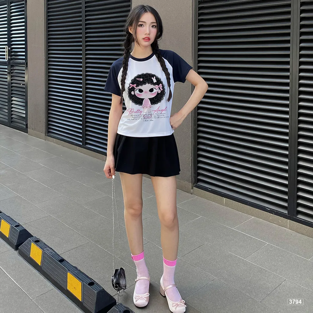 Áo babytee raglan mix màu Pretty Angel bé gái tóc xoăn phong cách Hàn Quốc Miucho 3794_thumbnail_6