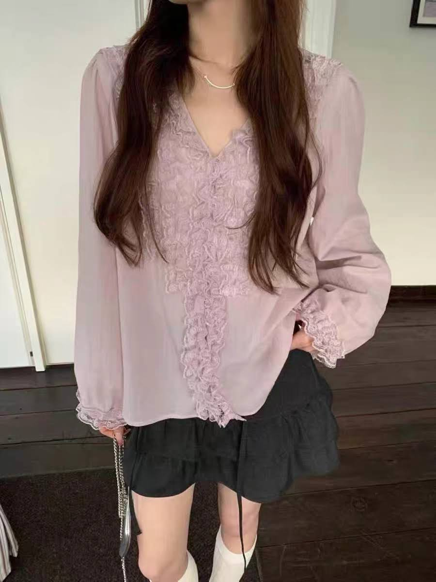 Áo sơ mi voan tơ cổ tim phối nhún dọc áo 2 bên cổ cài cúc CURE_thumbnail_6