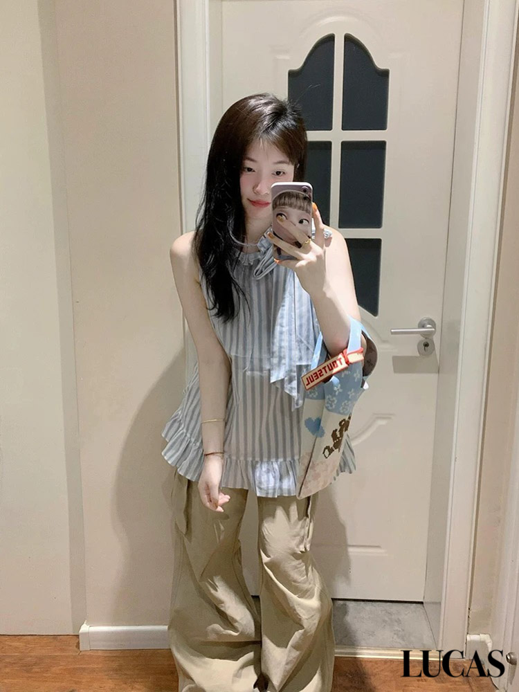 Áo sơ mi thô yếm sọc cổ dựng nơ cổ 1 bên nối gấu xòe WGWE_thumbnail_3
