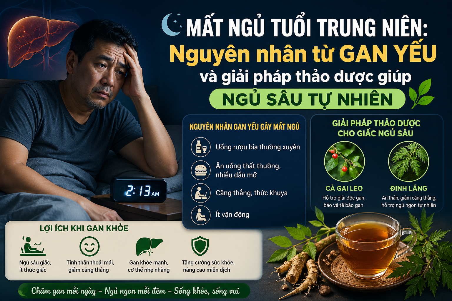 Mất ngủ tuổi trung niên: Nguyên nhân từ gan yếu và giải pháp thảo dược giúp ngủ sâu tự nhiên