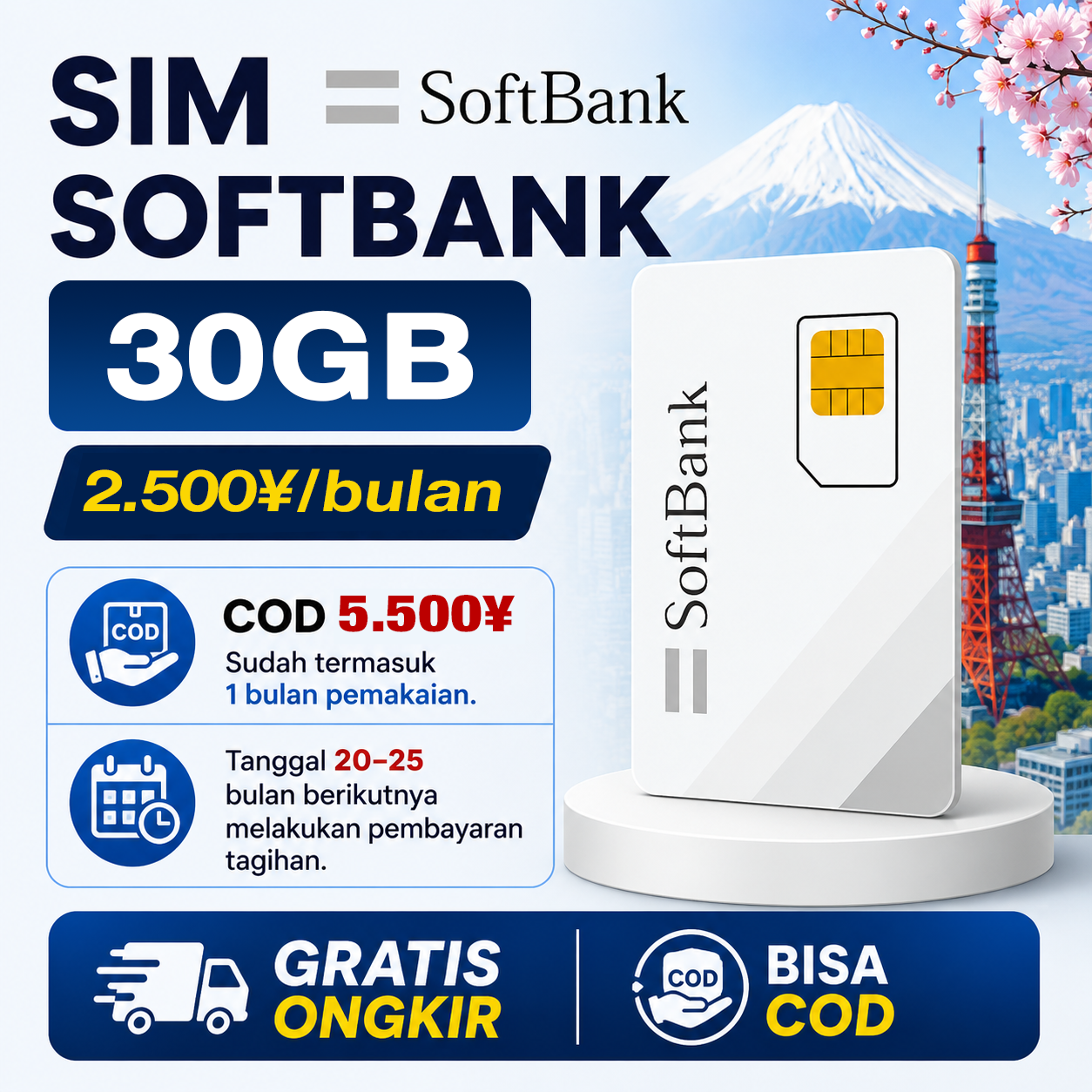 SIM DATA SOFTBANK 30GB – ¥2.500/BULAN