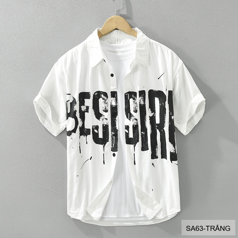 SA63 - Áo Sơ Mi Nam Tay Ngắn In Chữ Tiếng Anh Phong Cách Nhật Bản Mùa Hè