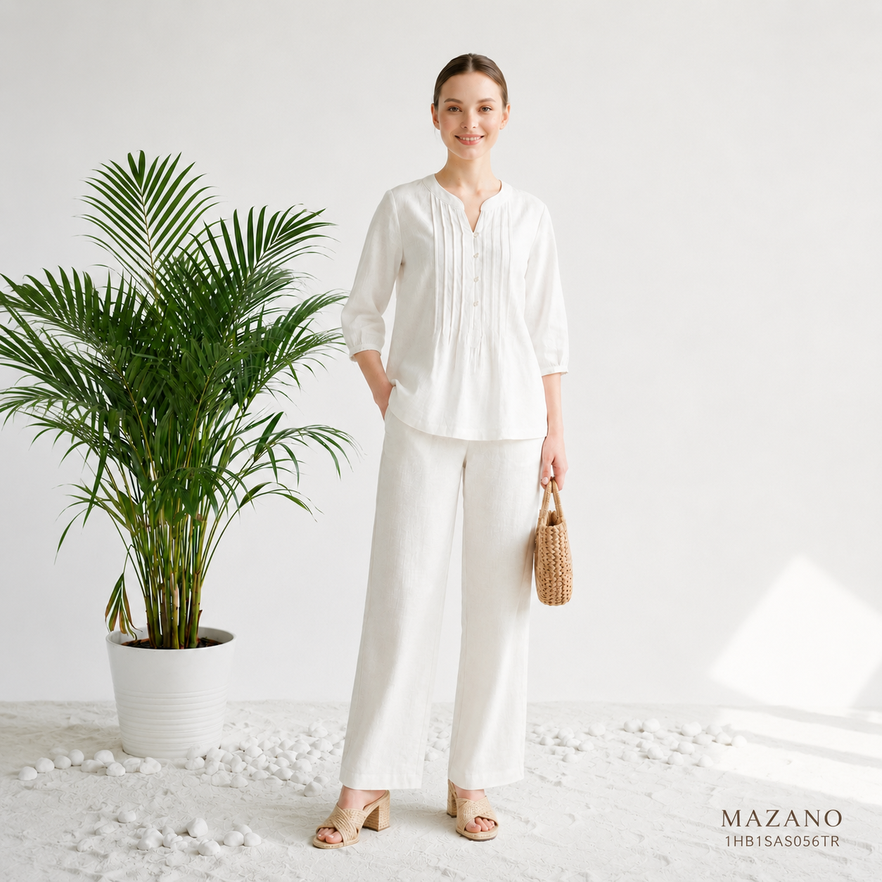 Áo sơ mi tunic vải linen trắng dáng suông cổ tàu cách điệu tay lỡ thiết kế MAZANO