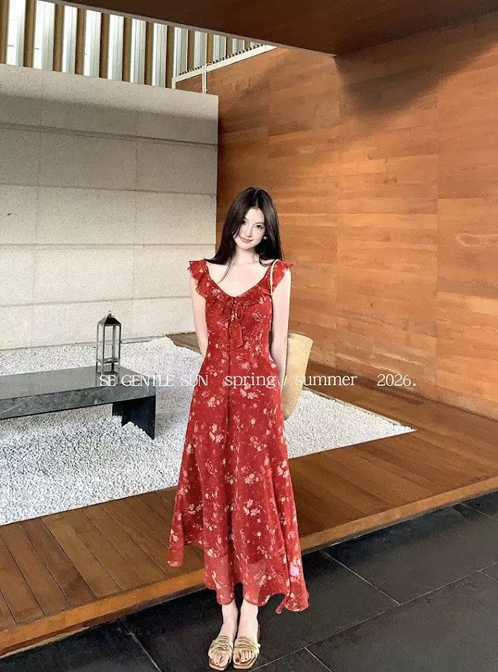 Lucas - Váy hoa voan cổ tim viền bèo nơ ngực GENTLE