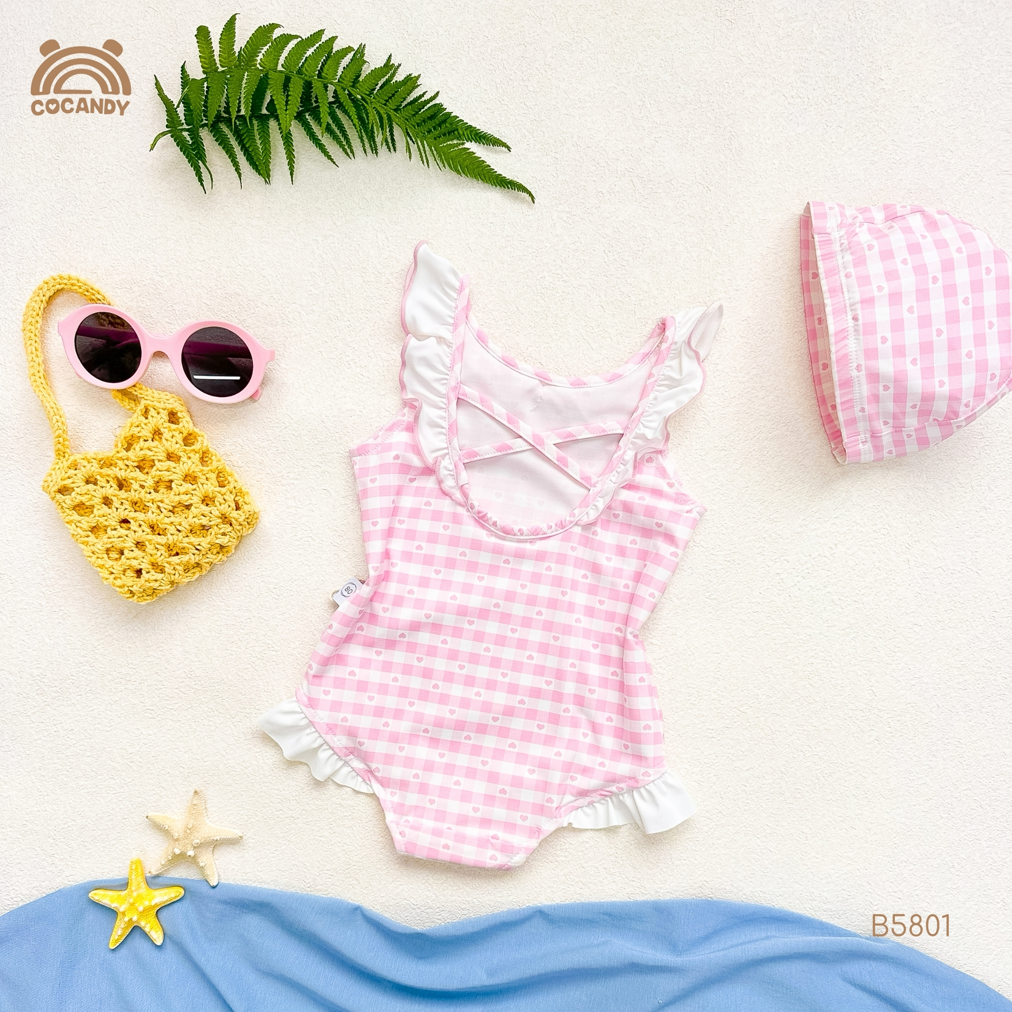 Bộ bơi caro HỒNG phối ren trắng_thumbnail_4