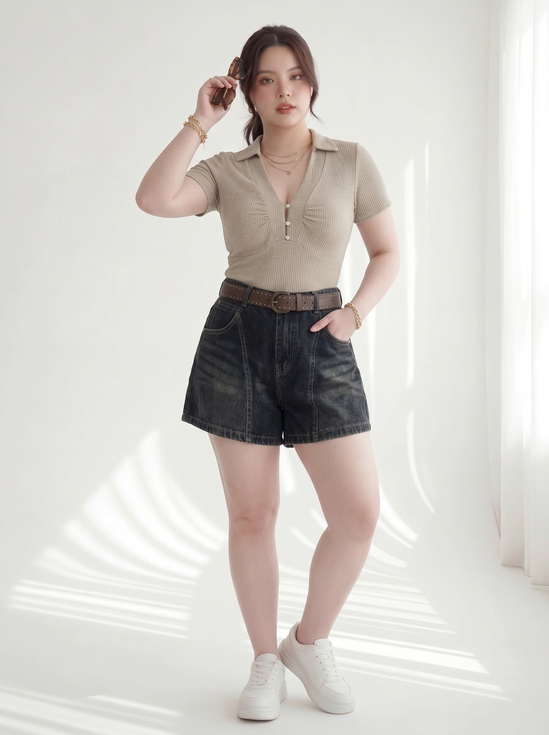 Quần Short Jean Phối Viền Bigsize Cạp Cao Gọn Đùi - Xanh Jean - Vừa 55-90kg - T-QSJ1317