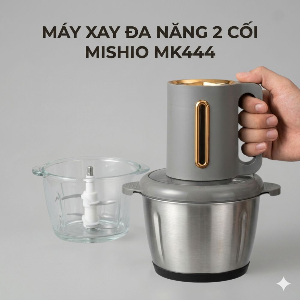 Máy xay thịt cối thủy tinh 2L tặng kèm cối inox Mishio MK444