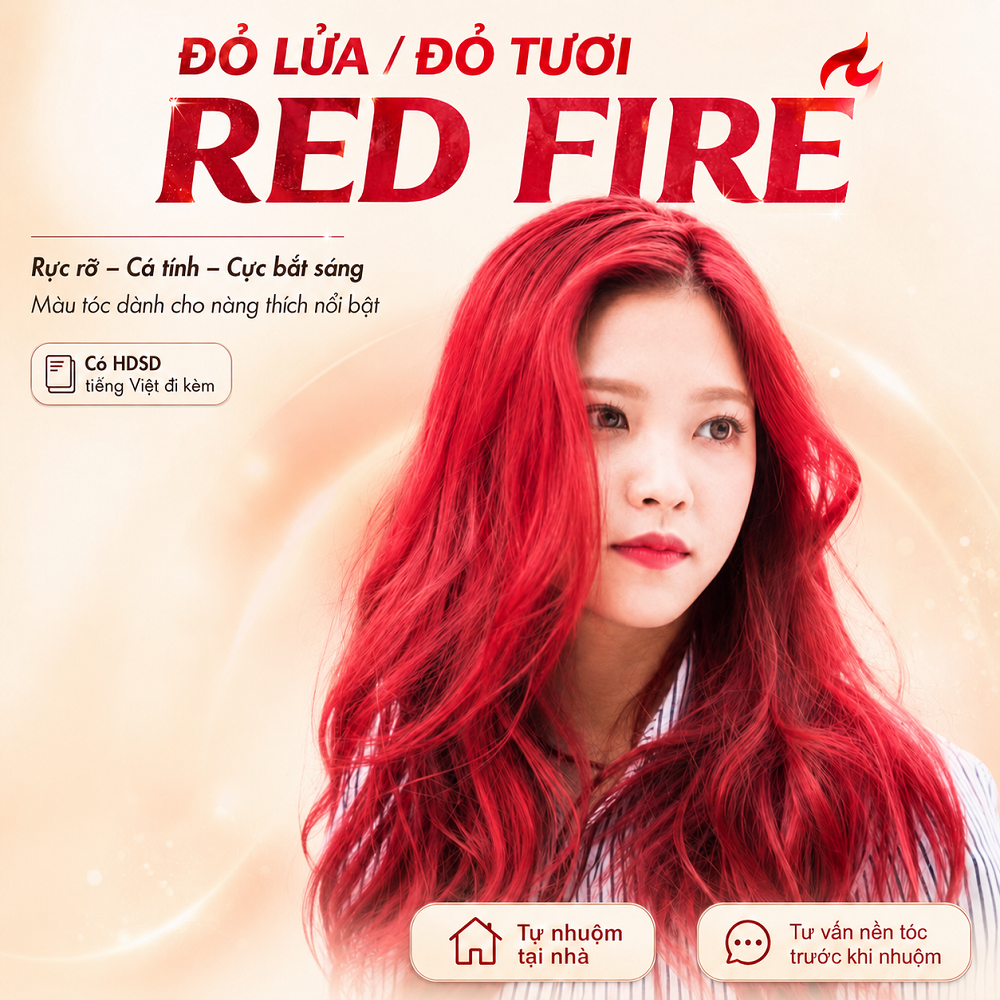 Thuốc Nhuộm Tóc Màu Đỏ Lửa (Đỏ Tươi) Rực Rỡ Tôn Da - Cần Tẩy/Nâng Tone - Kèm Oxy Trợ Nhuộm Dụng Cụ Tại Nhà