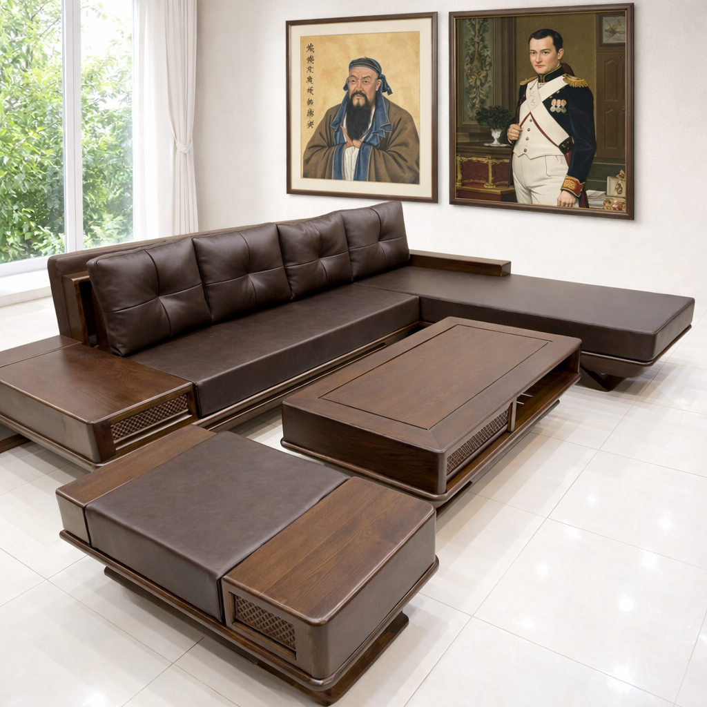 Sofa góc L chân thuyền vế trái màu óc chó