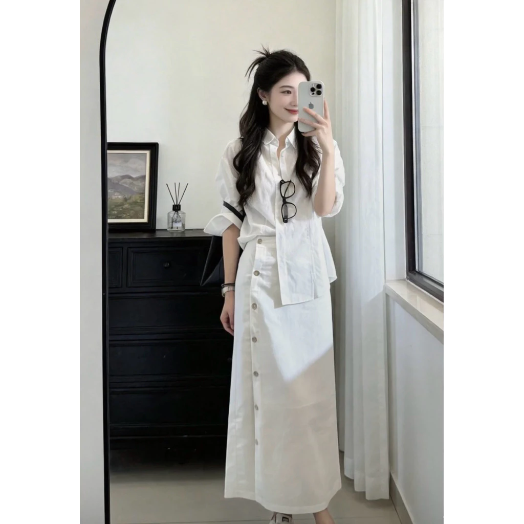 Set áo sơ mi trắng phối chân váy dài form suông, Set đồ nữ công sở thanh lịch phong cách Hàn Quốc Logastore_L102_thumbnail_7