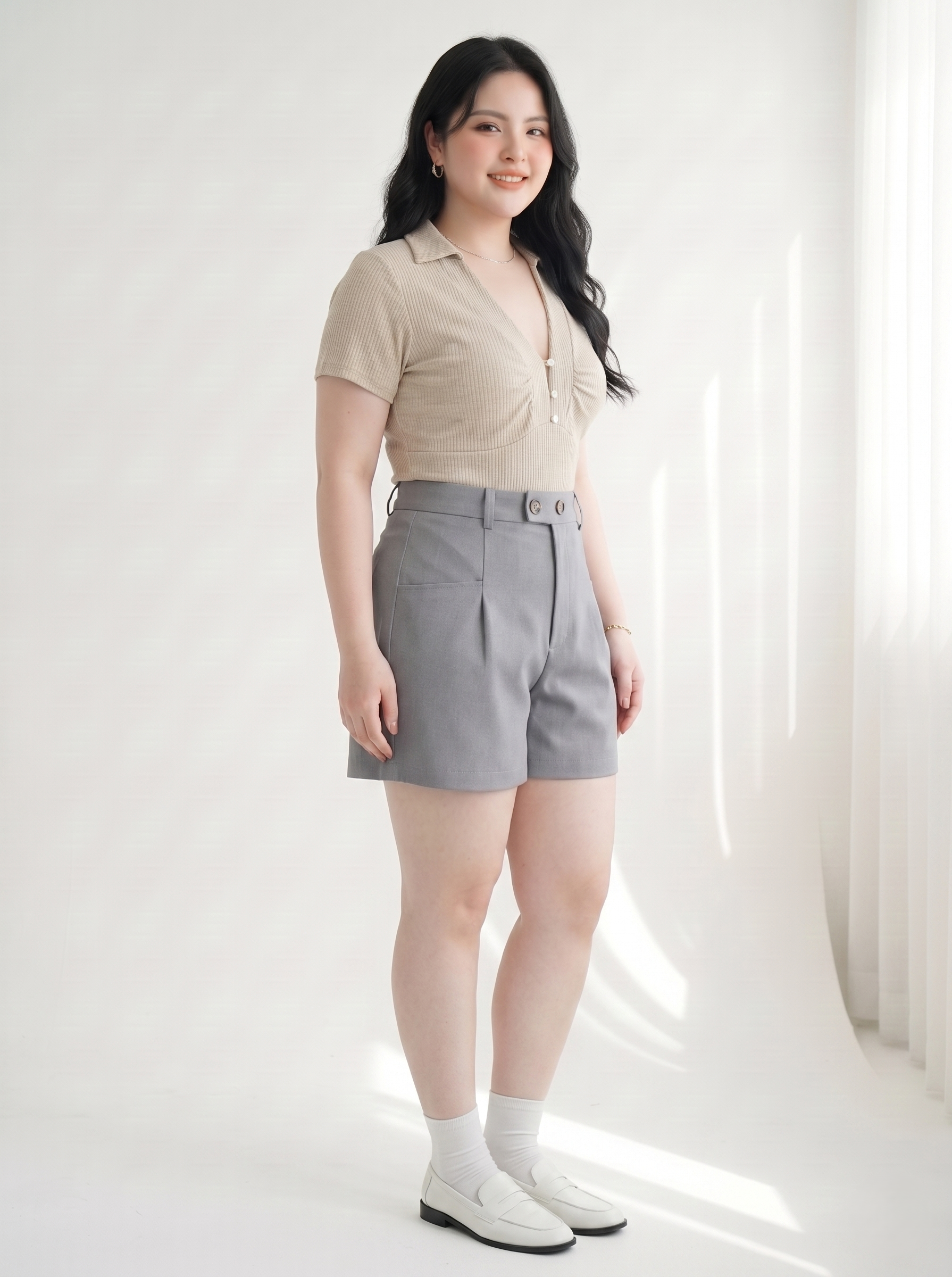 Quần Short 2 Nút Bigsize Cạp Cao Ống Vừa Gọn Đùi Đi Làm Đi Chơi - Xám - Vừa 55-90kg - V-QS014