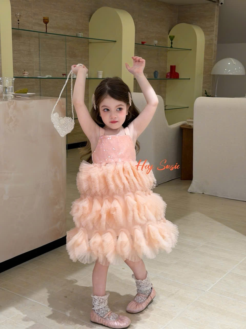 HS09 - Váy 2 dây đính cườm liền voan tầng màu cam đào hãng Hey Susie