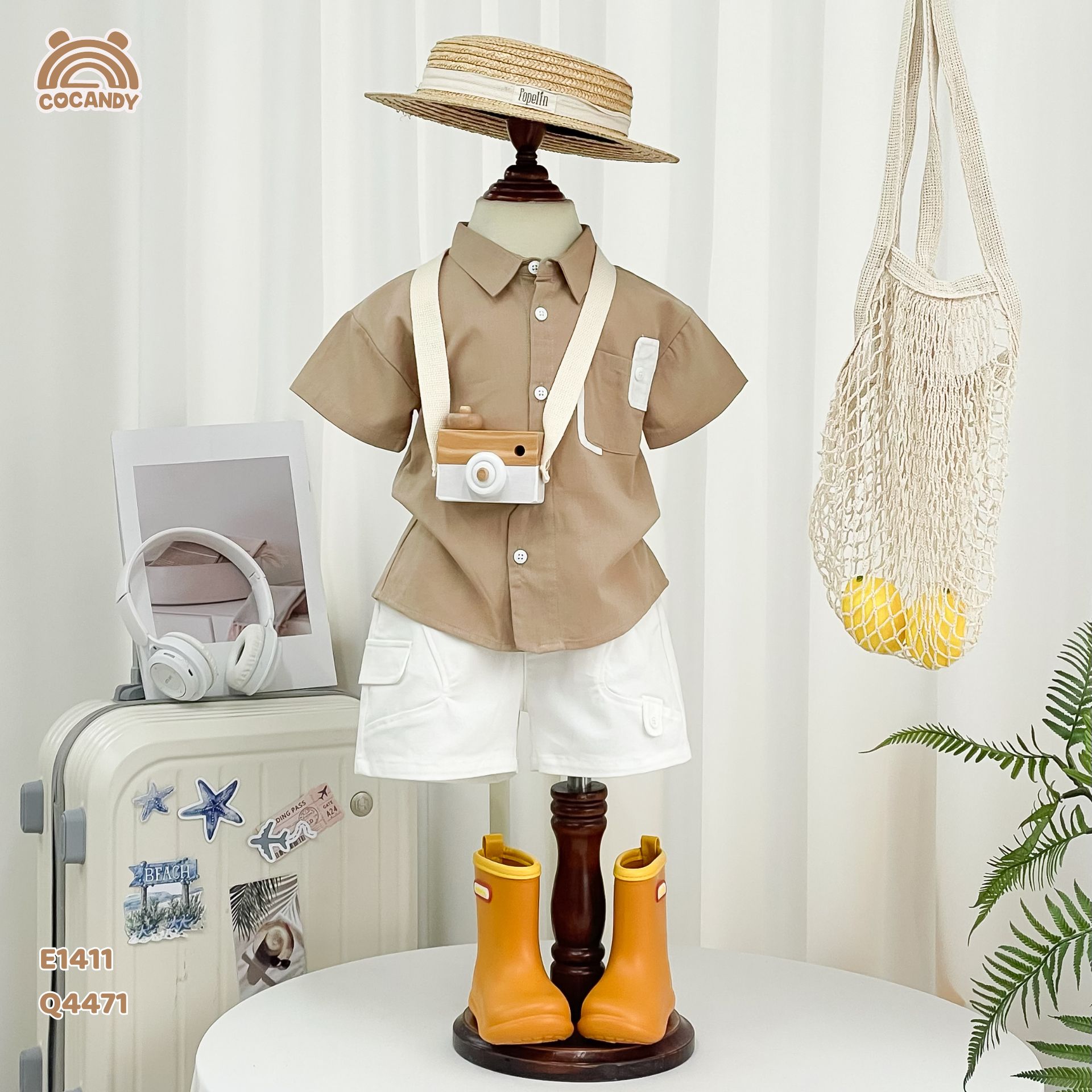 Áo cộc sơ mi NÂU phối túi kiểu phong cách