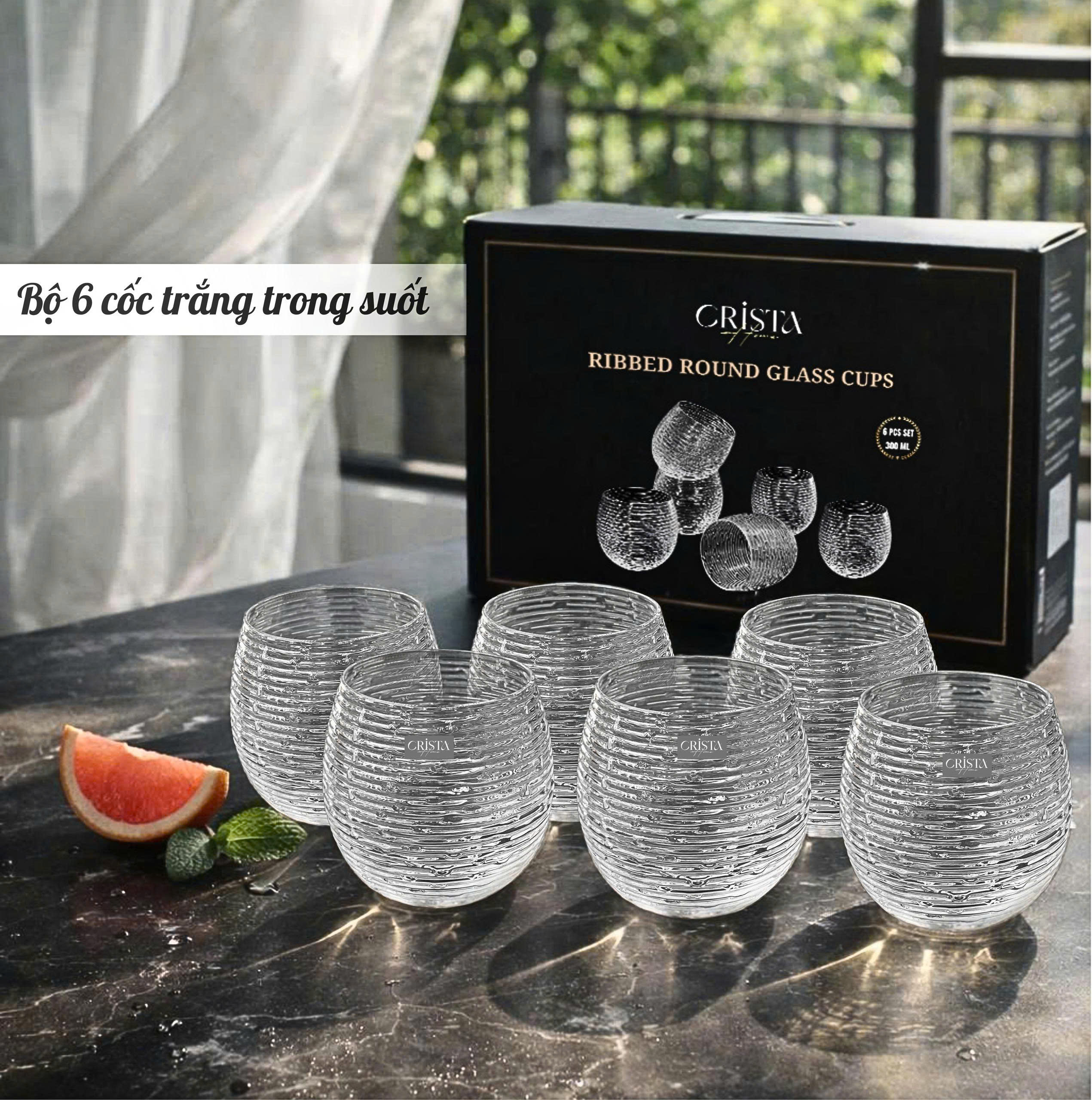 Set 6 cốc thủy tinh dáng bầu vân ngang 300ml Crista Home 60254_thumbnail_4