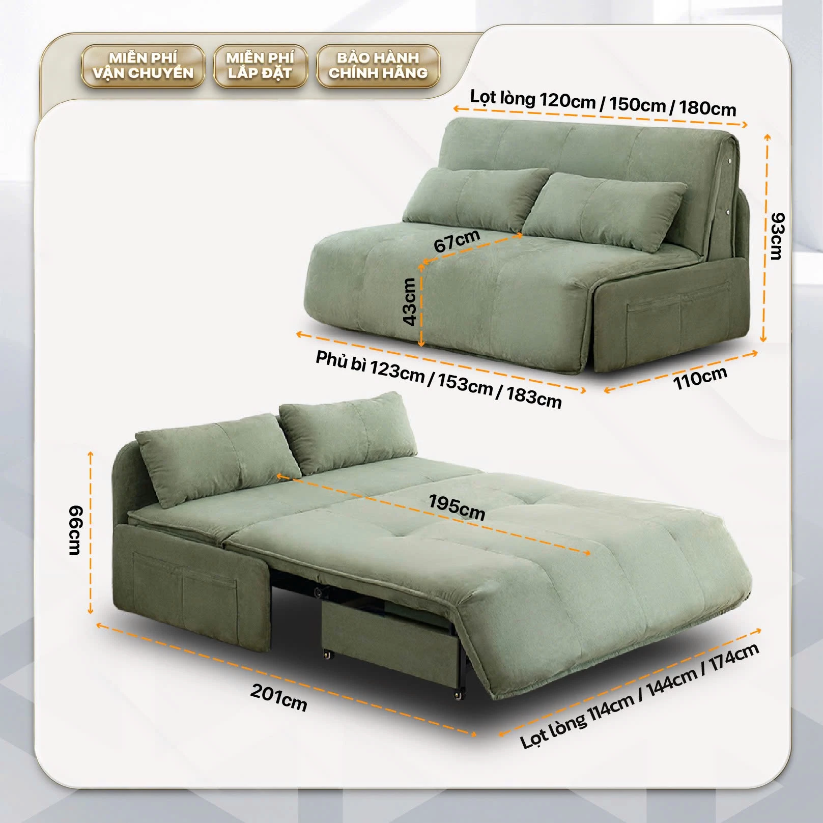 Kích thước sofa giường 1m2, 1m5, 1m8 - Phủ bì, lọt lòng chi tiết