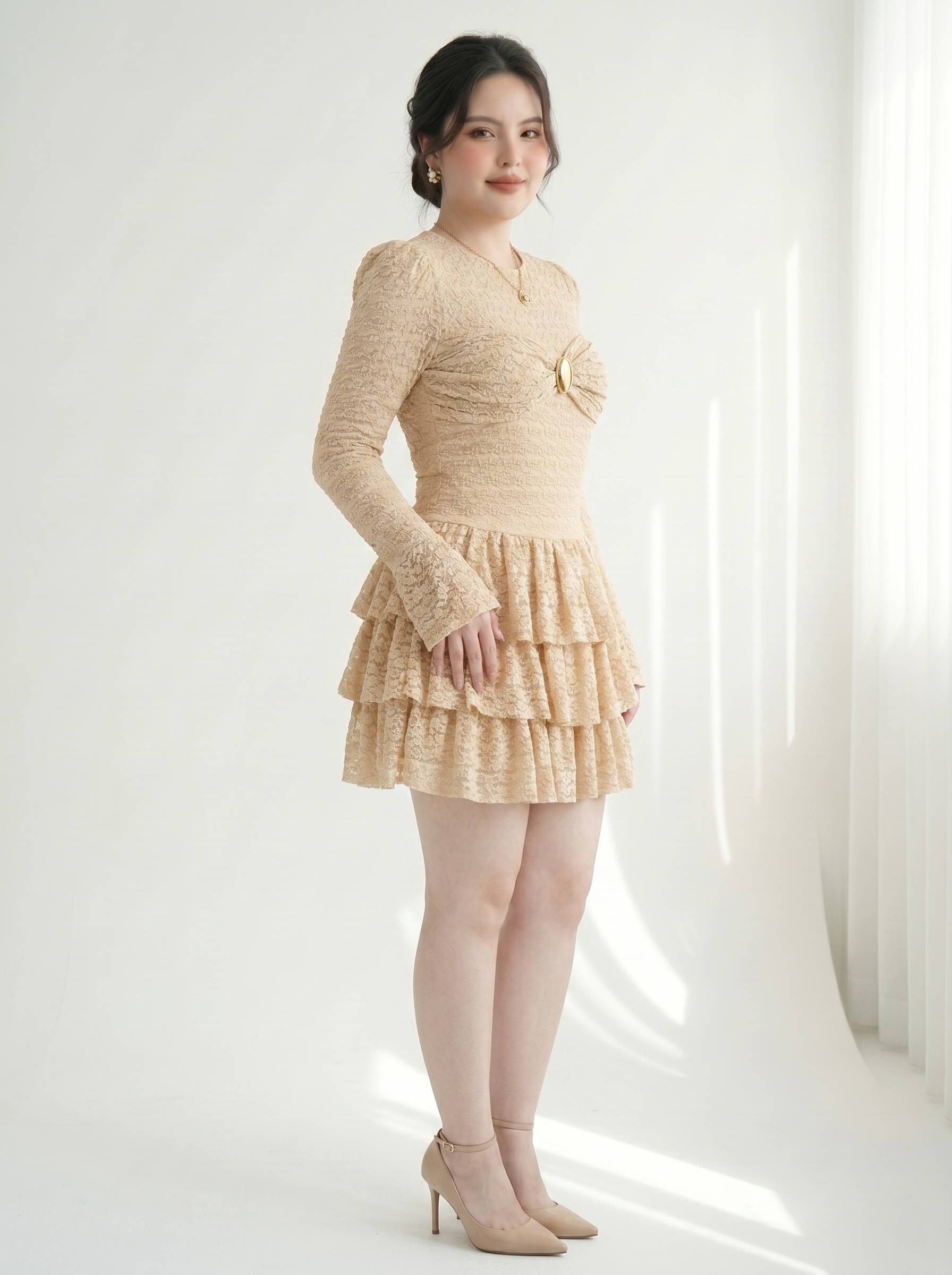 Đầm Ren Lưới Dáng A Tay Loe Bigsize Có Lót Quần, Tôn Eo Nhẹ Nhàng - Kem - Vừa 55-90kg - V-DA230_thumbnail_1