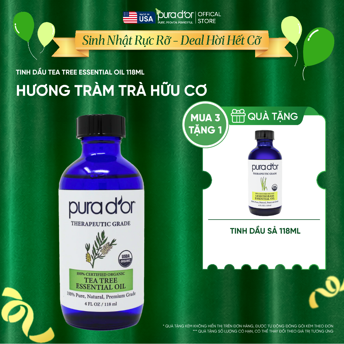 Tinh Dầu Tràm Trà Hữu Cơ Pura D'or Therapeutic Grade Tea Tree Essential Oil 118ml