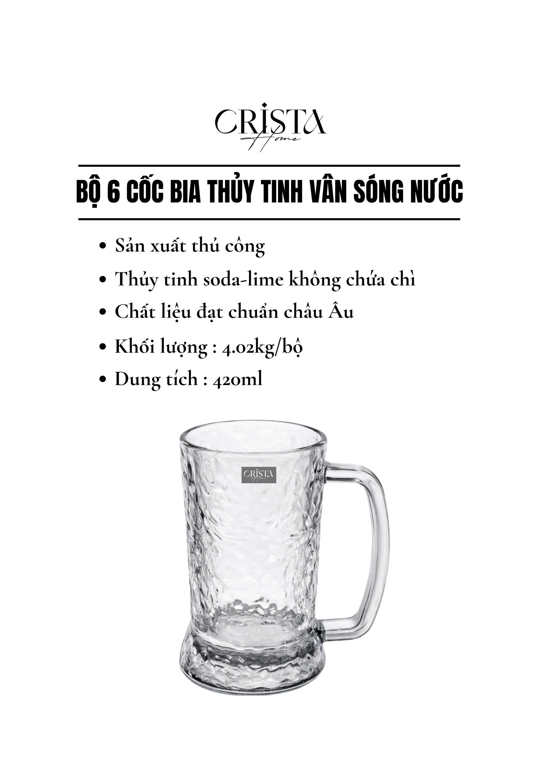 Bộ 6 cốc ly bia thủy tinh vân sóng nước có quai 420ml Crista Home_thumbnail_11