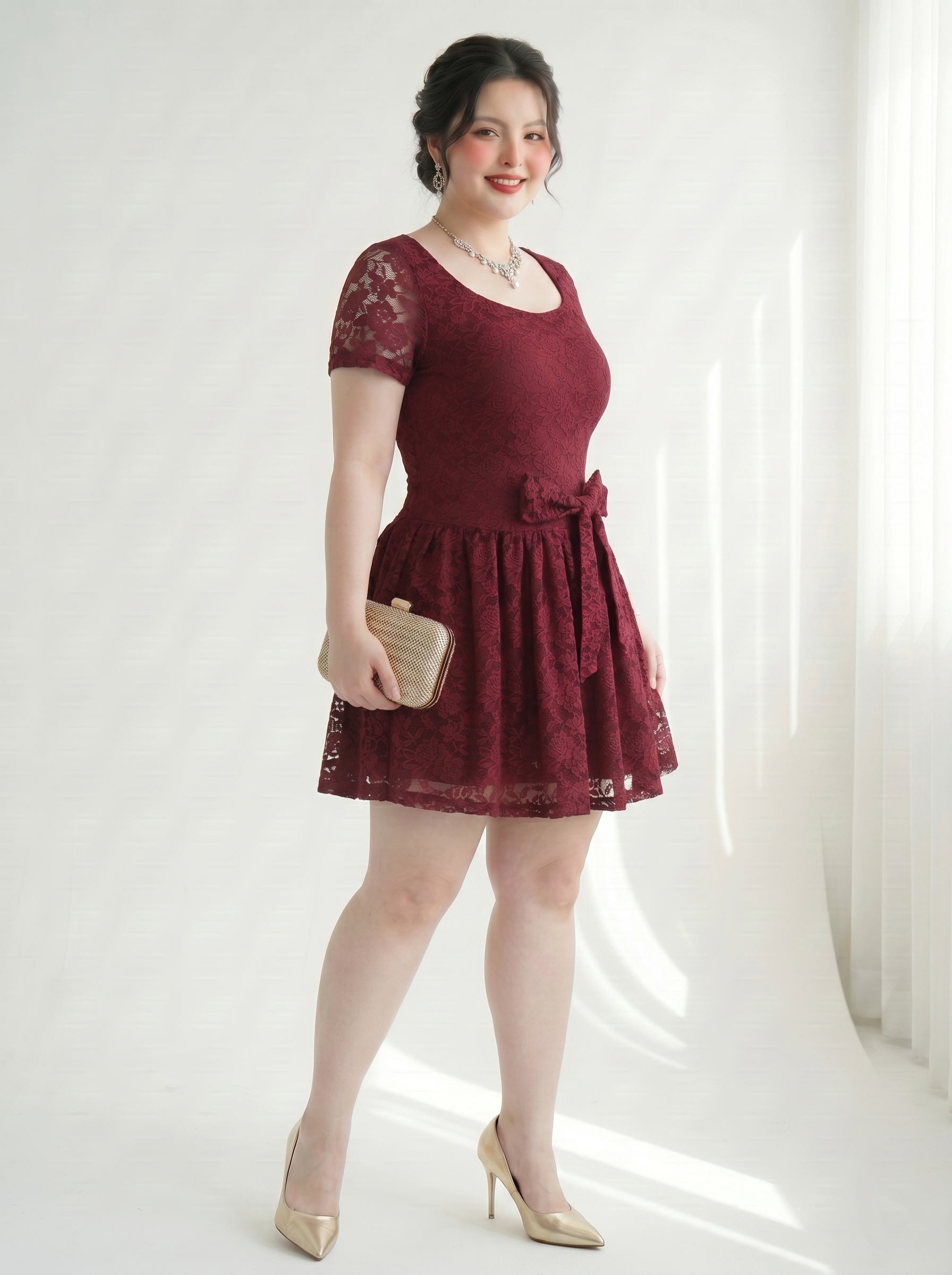 Đầm Ren Hoa Dáng A Bigsize Cổ Vuông Tùng Lưới 3 Lớp - Đỏ Đô - Vừa 55-90kg - V-DA223_thumbnail_1