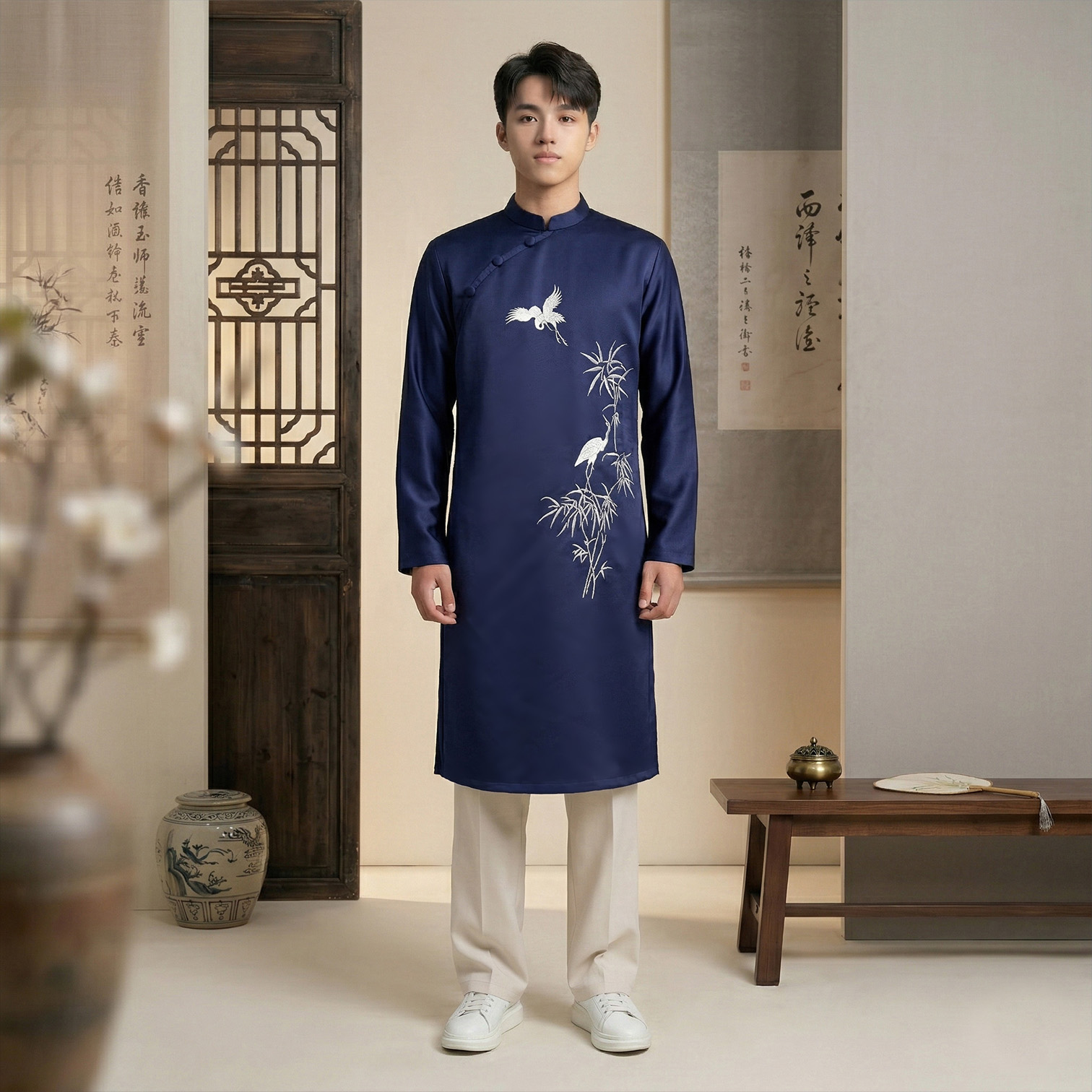 Áo Dài Nam Cách Tân Thêu Trúc Quân Tử - Vải Tafeta NA26-10