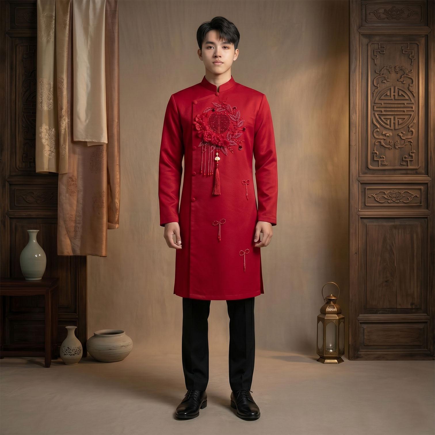 Áo Dài Cặp Cô Dâu Chú Rể Cưới Hỏi - Màu Đỏ Sang Trọng CH26-02_thumbnail_5