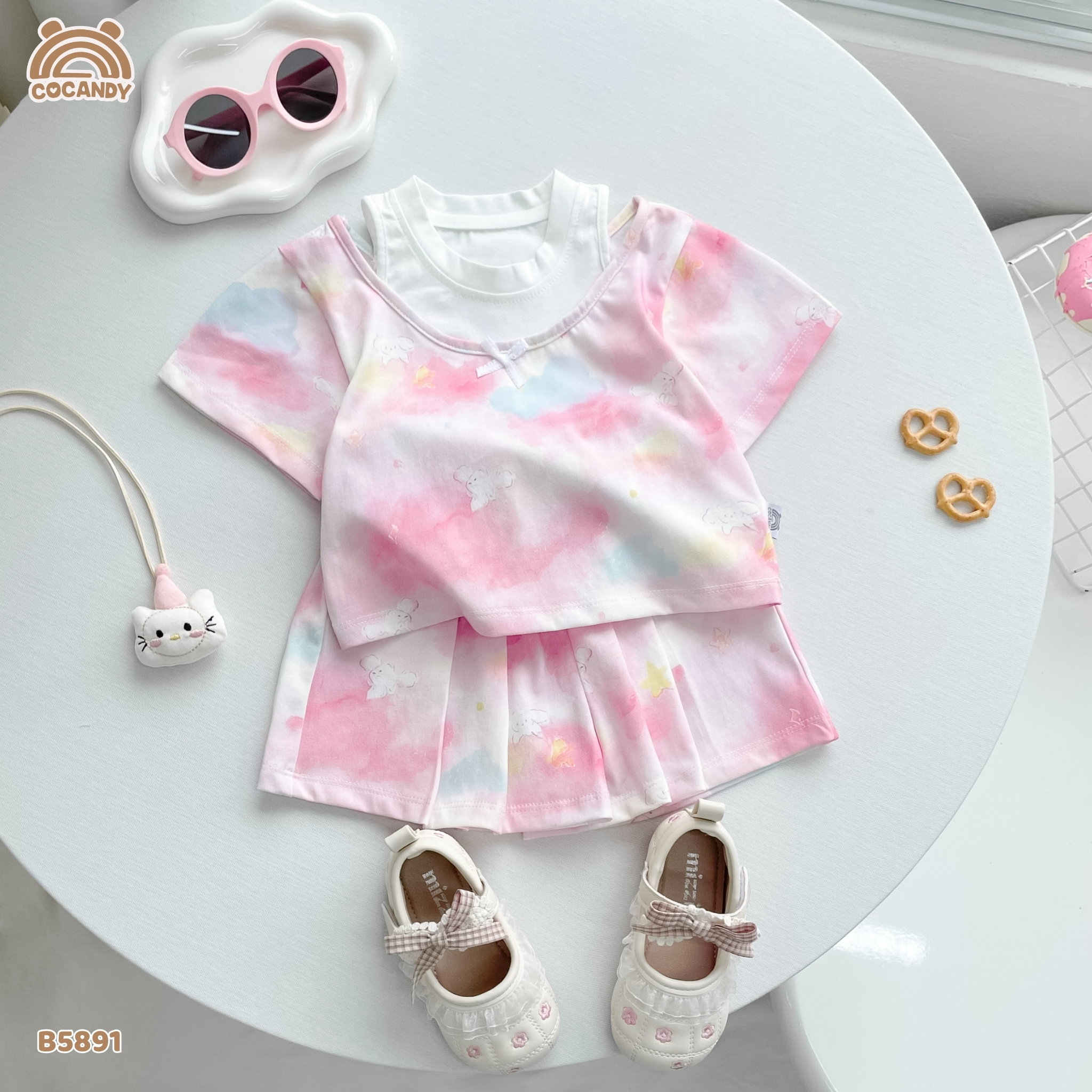 Bộ cộc loang HỒNG quần giả váy
