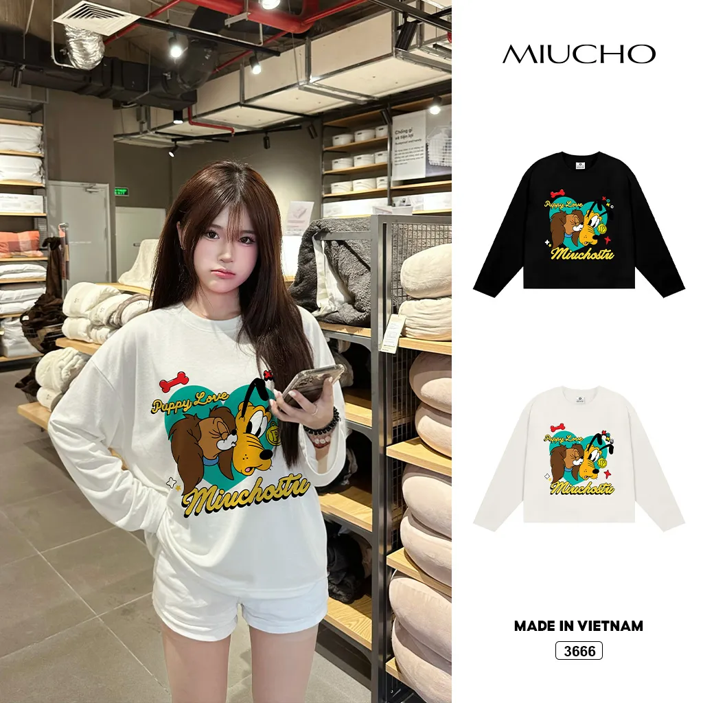 Áo thun boxy nữ tay dài form rộng hoạt hình cún Miucho 3666