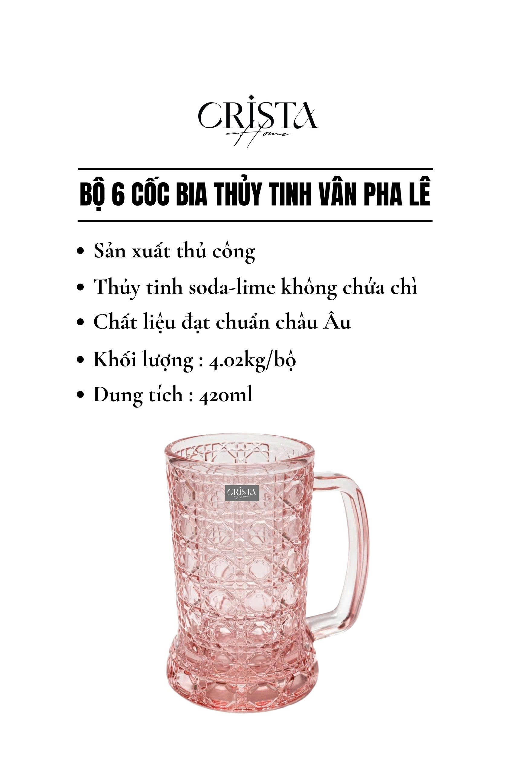 Bộ 6 cốc bia thủy tinh vân pha lê nổi có quai 420ml Crista Home_thumbnail_10