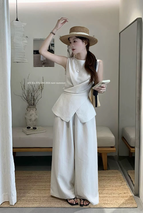 Set áo zile cổ tròn vạt đan + quần ống suông dáng dài YJIA