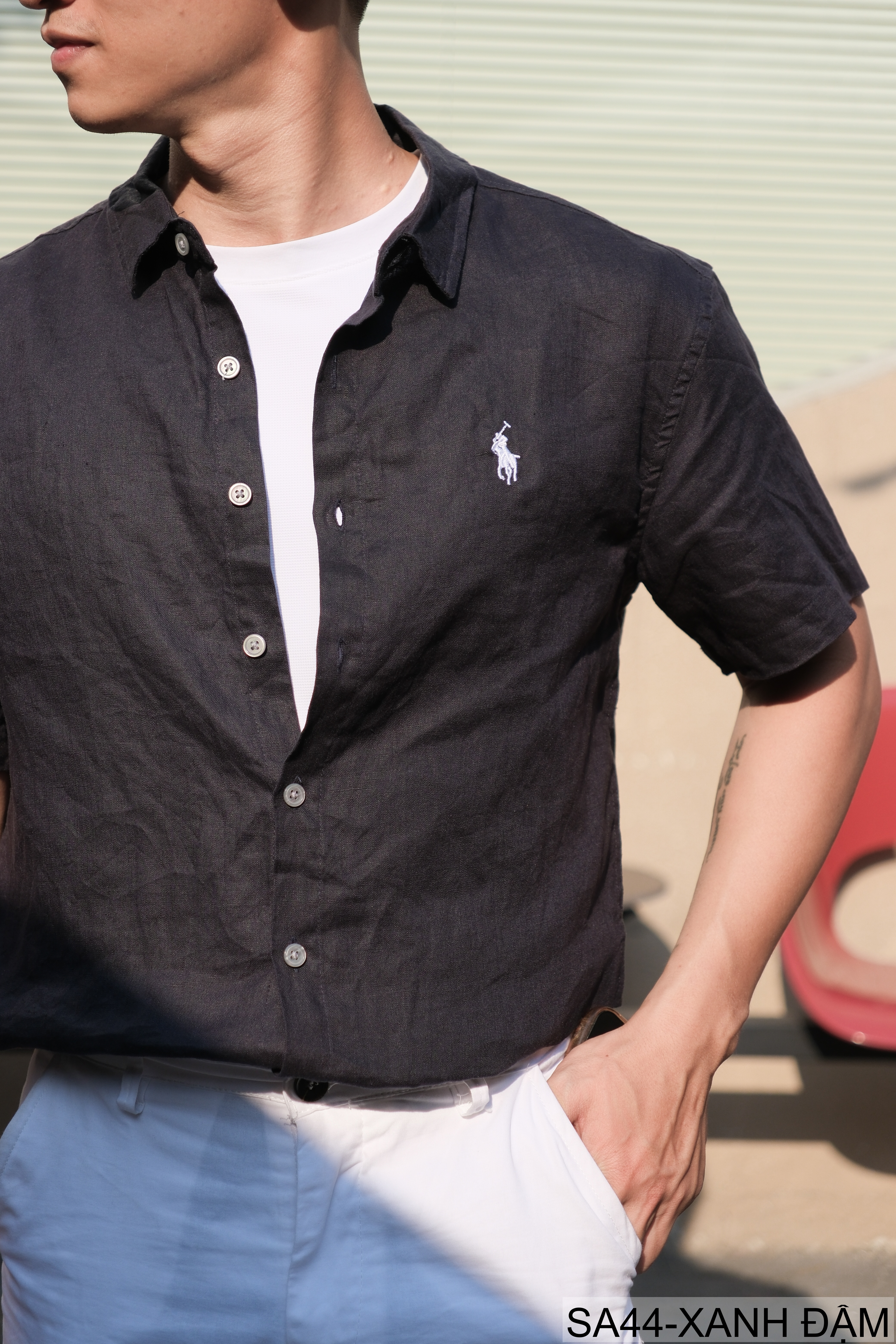 SA44 - Áo sơ mi nam tay ngắn vải lanh thoáng mát phong cách Nhật, cổ lật thêu logo nhỏ_thumbnail_20