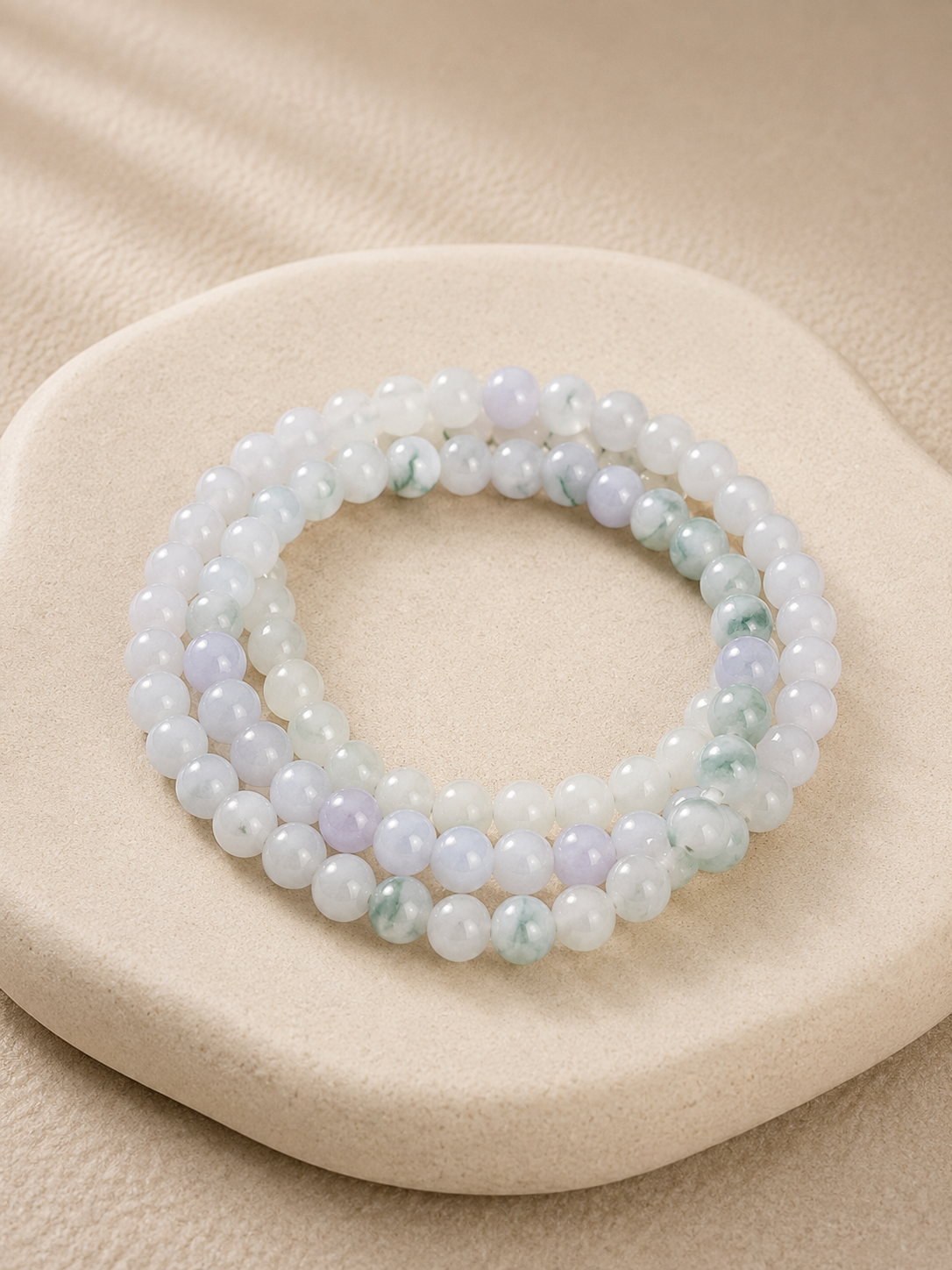 Vòng Tay Quấn Ba Ngọc Phỉ Thúy Jadeite Myanmar 3 Màu (Trắng, Tím, Hoa Bay) Chủng Nếp Mịn Có Kiểm Định