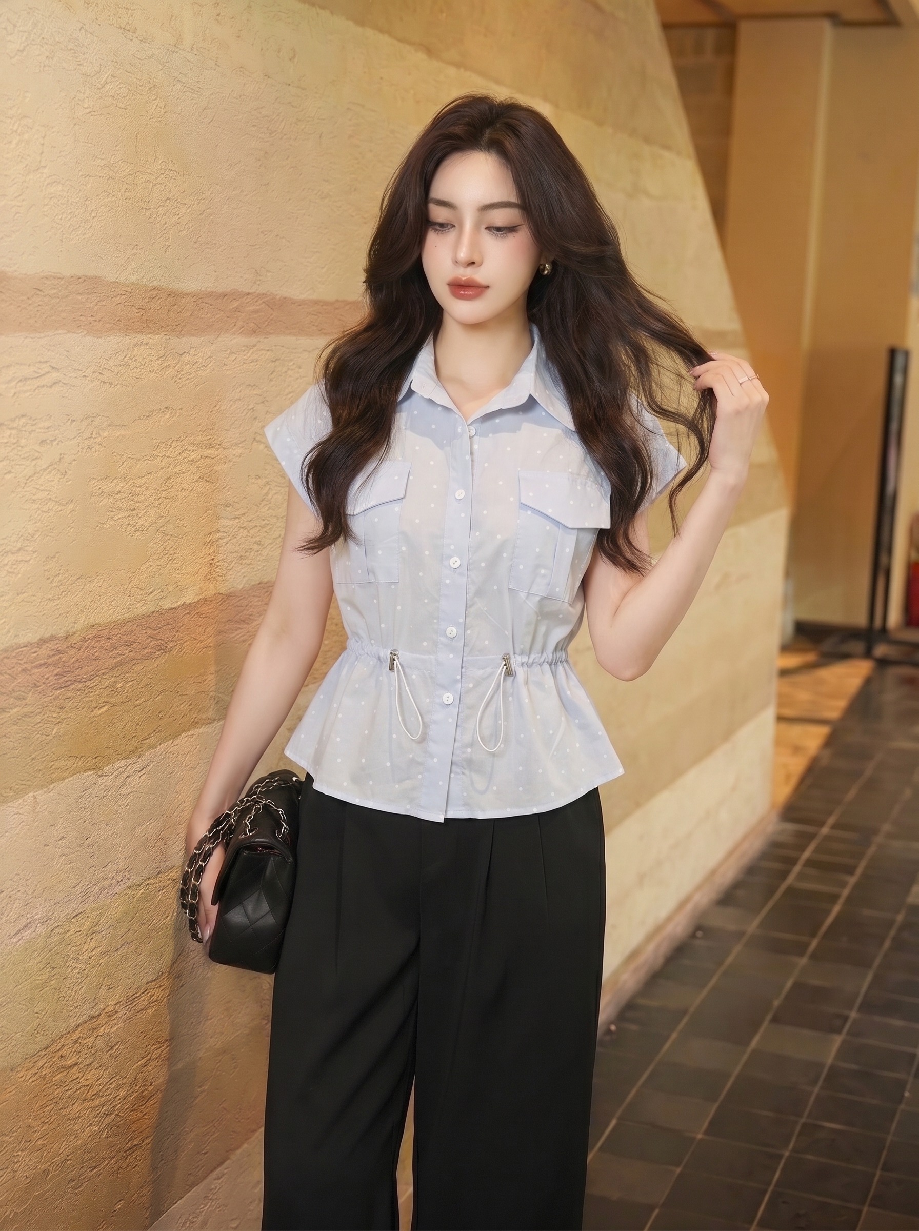 Áo sơ mi peplum chấm bi 26116 xanh
