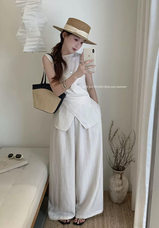 Set áo zile cổ tròn vạt đan + quần ống suông dáng dài YJIA_thumbnail_2