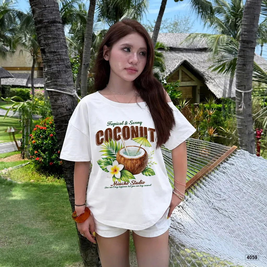 Áo thun lệch vai nữ form rộng Tropical vibe Miucho 4059_thumbnail_5