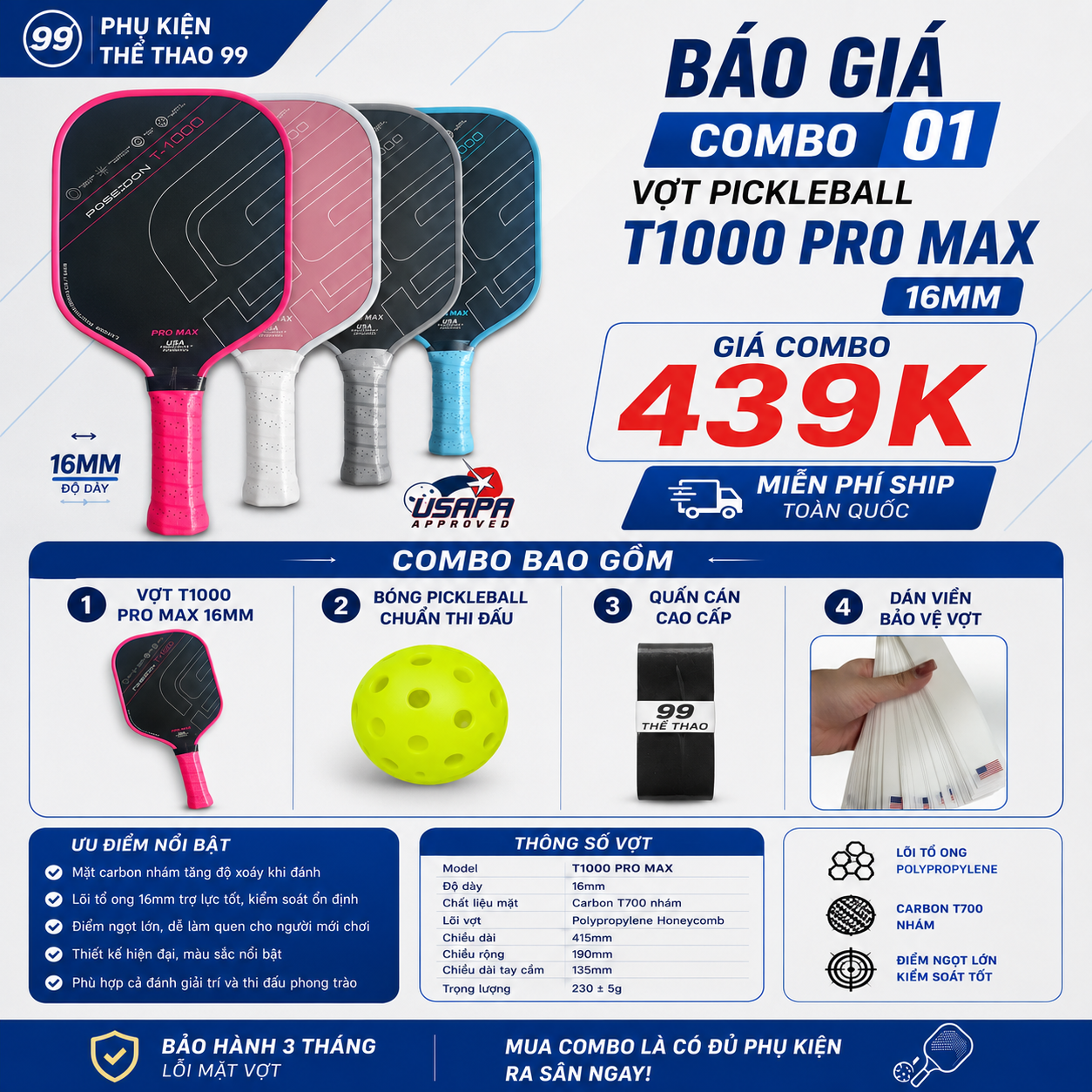 Vợt Pickleball T1000 Promax 16mm Sợi Carbon mặt nhám dày 16mm lõi tổ ong